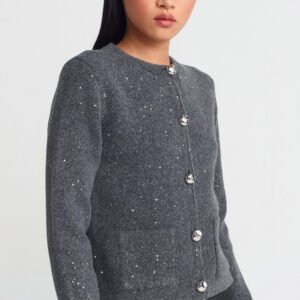 Crew Neck Glittery Buttoned Cardigan