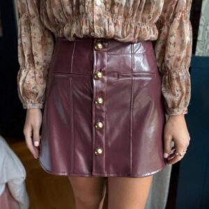 Button Front Leather Short Skirt